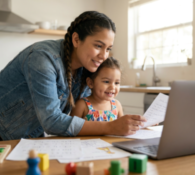 Mother holding a young child on her lap at a sunlit kitchen table, reviewing notes on a laptop surrounded by school papers and simple toys.