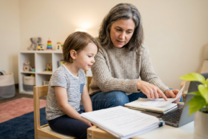 Parent and young child sit side-by-side at a table in a warm therapy room, reviewing papers and a laptop with focused but hopeful expressions as the parent explains and the child nods. The scene is organized and inviting with soft natural tones and toys blurred in the background.