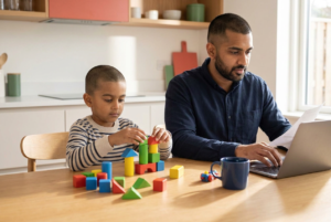 Parent and young child sit at a sunlit kitchen table reviewing paperwork and a laptop together, sharing a calm, focused moment while making care decisions.